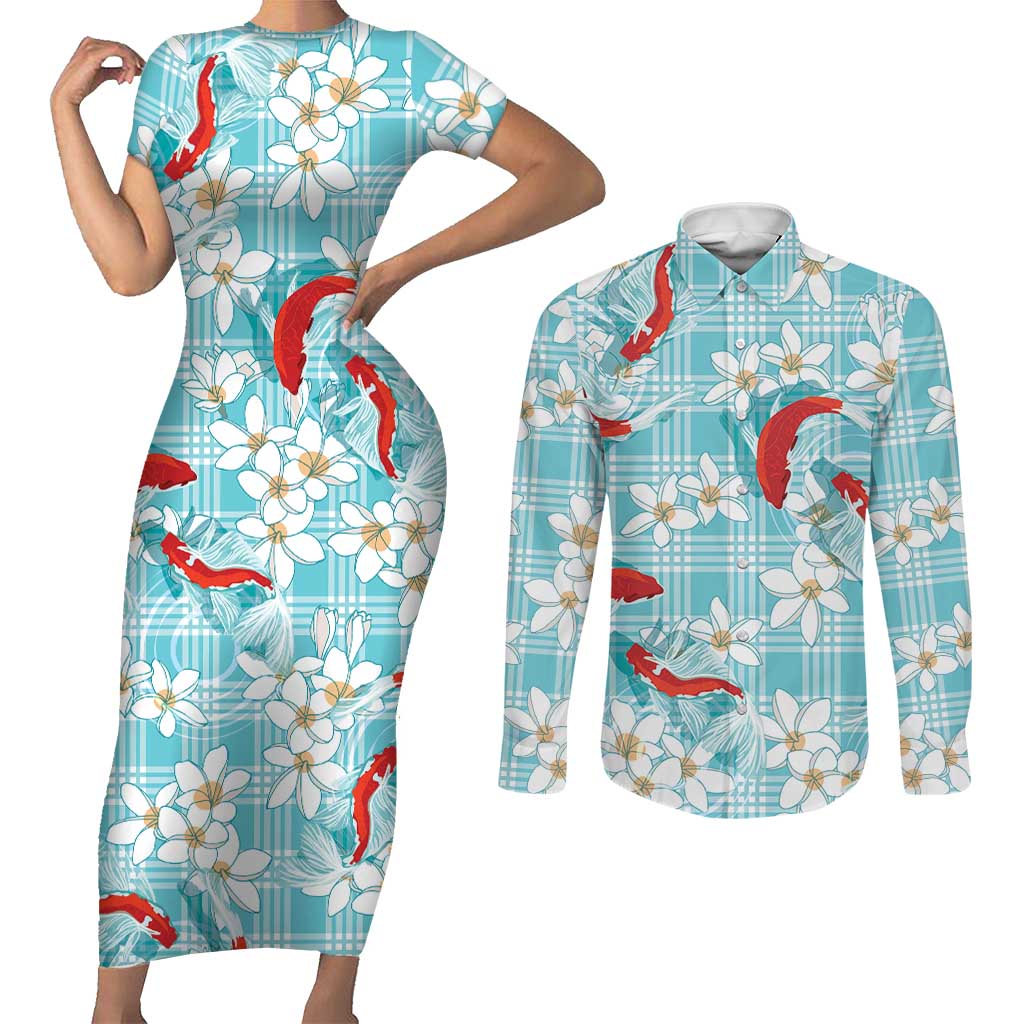Turquoise Palaka Hawaii Aloha Couples Matching Short Sleeve Bodycon Dress and Long Sleeve Button Shirt Koi Pond Mix Plumeria LT7 Turquoise - Polynesian Pride