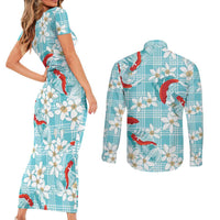 Turquoise Palaka Hawaii Aloha Couples Matching Short Sleeve Bodycon Dress and Long Sleeve Button Shirt Koi Pond Mix Plumeria LT7 - Polynesian Pride