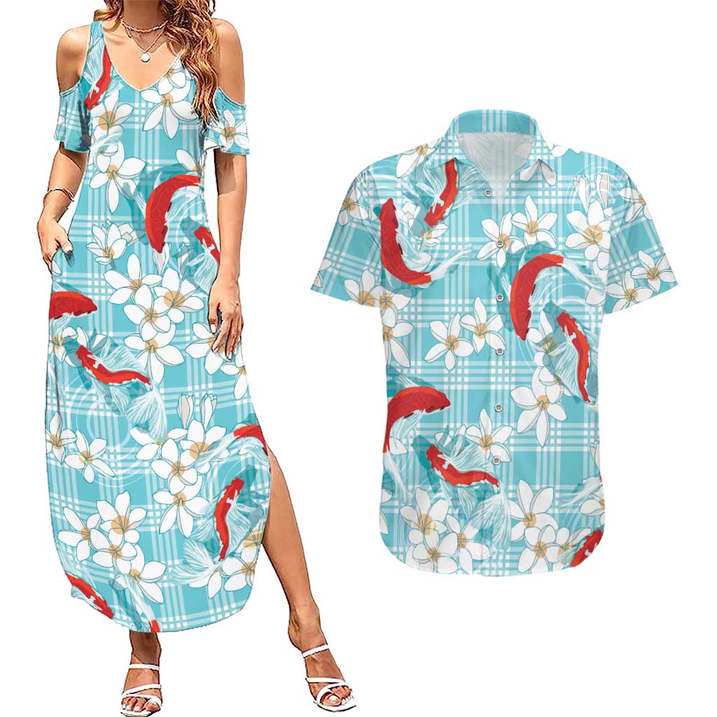 Turquoise Palaka Hawaii Aloha Couples Matching Summer Maxi Dress and Hawaiian Shirt Koi Pond Mix Plumeria - Polynesian Pride