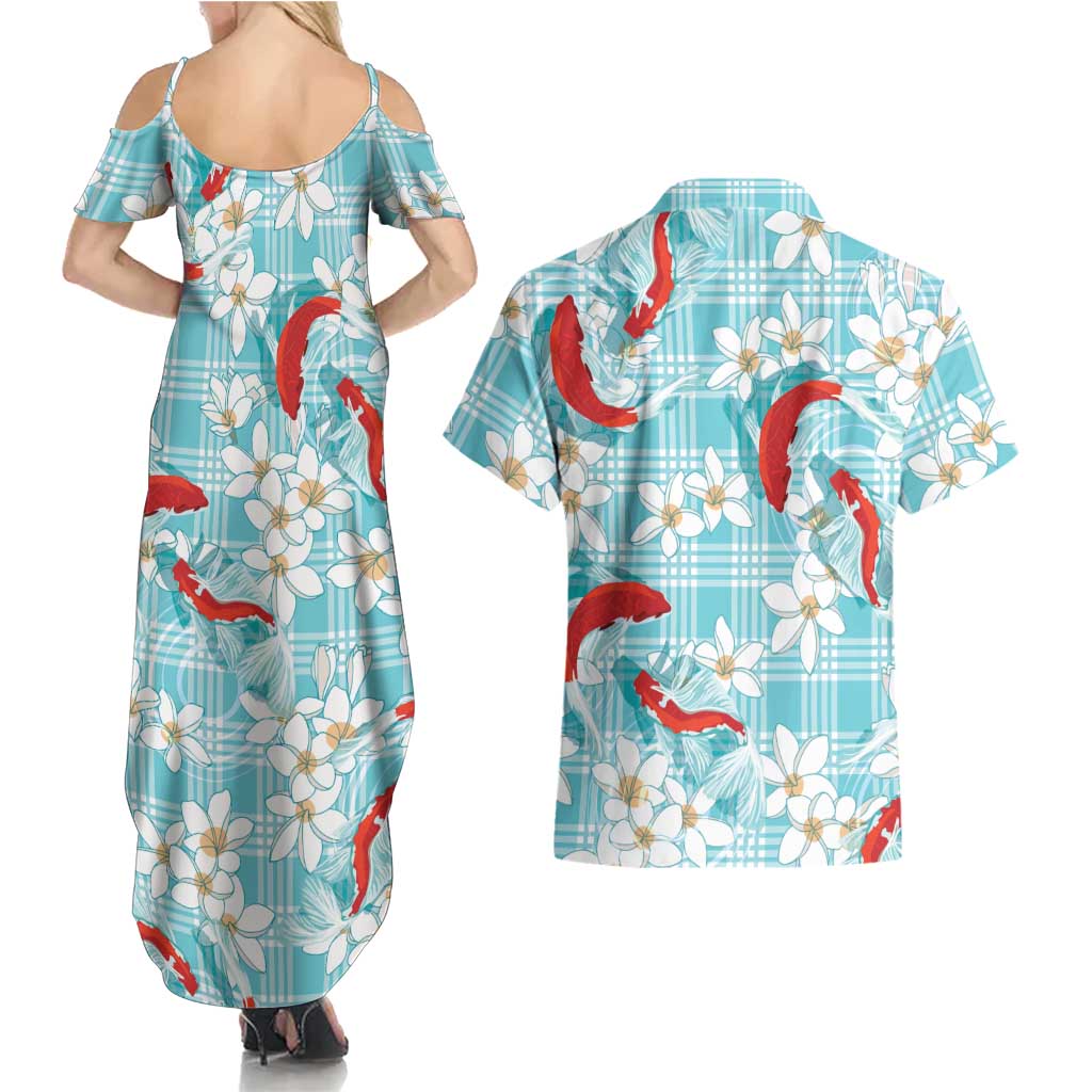 Turquoise Palaka Hawaii Aloha Couples Matching Summer Maxi Dress and Hawaiian Shirt Koi Pond Mix Plumeria LT7 - Polynesian Pride