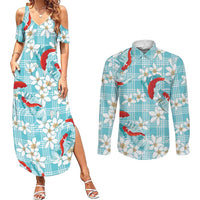 Turquoise Palaka Hawaii Aloha Couples Matching Summer Maxi Dress and Long Sleeve Button Shirt Koi Pond Mix Plumeria LT7 Turquoise - Polynesian Pride