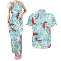 Turquoise Palaka Hawaii Aloha Couples Matching Tank Maxi Dress and Hawaiian Shirt Koi Pond Mix Plumeria LT7 Turquoise - Polynesian Pride