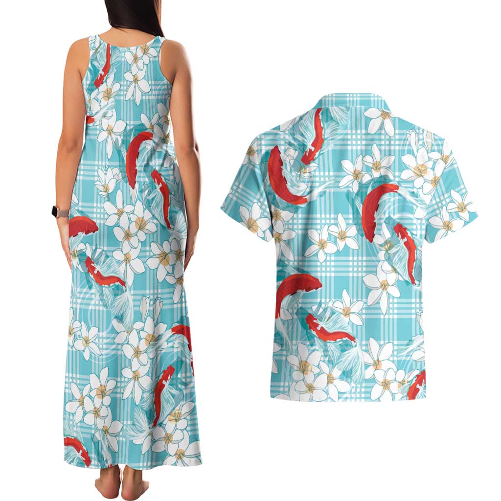 Turquoise Palaka Hawaii Aloha Couples Matching Tank Maxi Dress and Hawaiian Shirt Koi Pond Mix Plumeria LT7 - Polynesian Pride