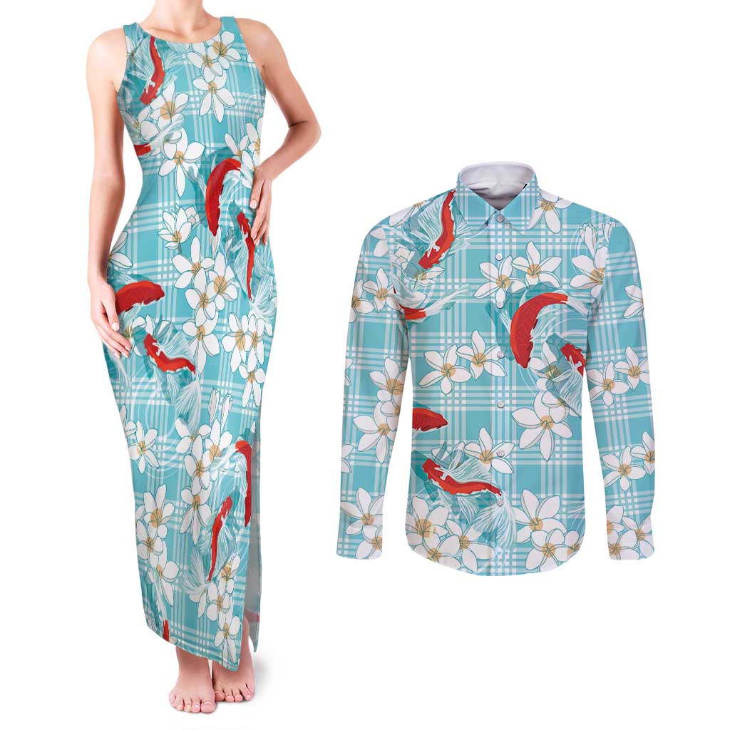 Turquoise Palaka Hawaii Aloha Couples Matching Tank Maxi Dress and Long Sleeve Button Shirt Koi Pond Mix Plumeria LT7 Turquoise - Polynesian Pride