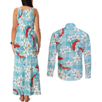 Turquoise Palaka Hawaii Aloha Couples Matching Tank Maxi Dress and Long Sleeve Button Shirt Koi Pond Mix Plumeria LT7 - Polynesian Pride