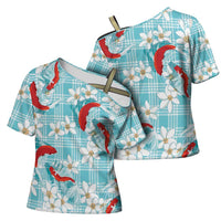 Turquoise Palaka Hawaii Aloha Cross Shoulder Shirt Koi Pond Mix Plumeria - Polynesian Pride