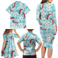 Turquoise Palaka Hawaii Aloha Family Matching Long Sleeve Bodycon Dress and Hawaiian Shirt Koi Pond Mix Plumeria LT7 - Polynesian Pride