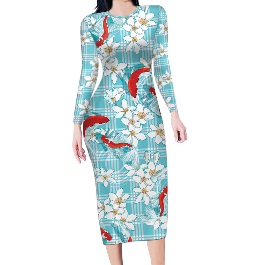 Turquoise Palaka Hawaii Aloha Family Matching Long Sleeve Bodycon Dress and Hawaiian Shirt Koi Pond Mix Plumeria LT7 Turquoise - Polynesian Pride