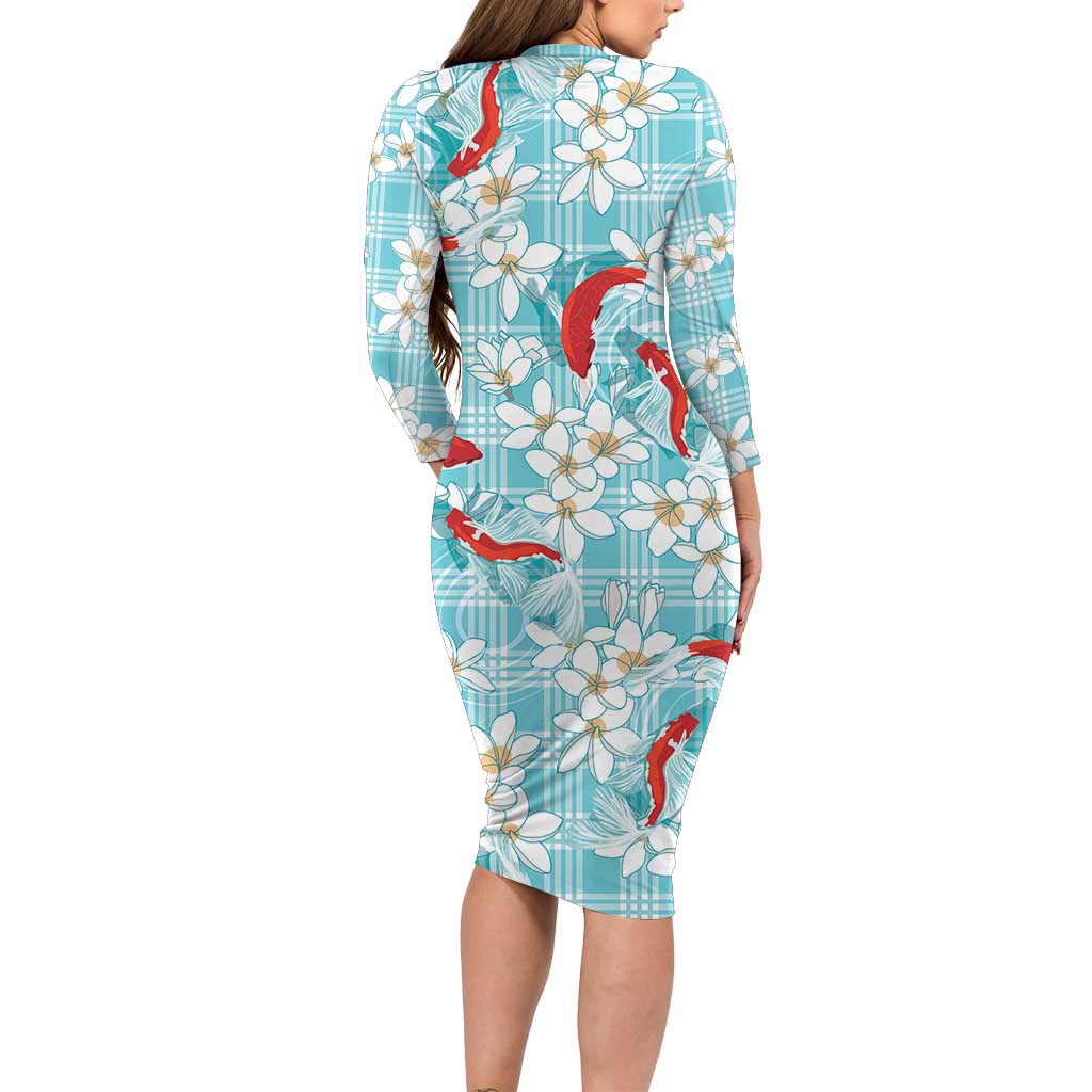 Turquoise Palaka Hawaii Aloha Family Matching Long Sleeve Bodycon Dress and Hawaiian Shirt Koi Pond Mix Plumeria LT7 - Polynesian Pride