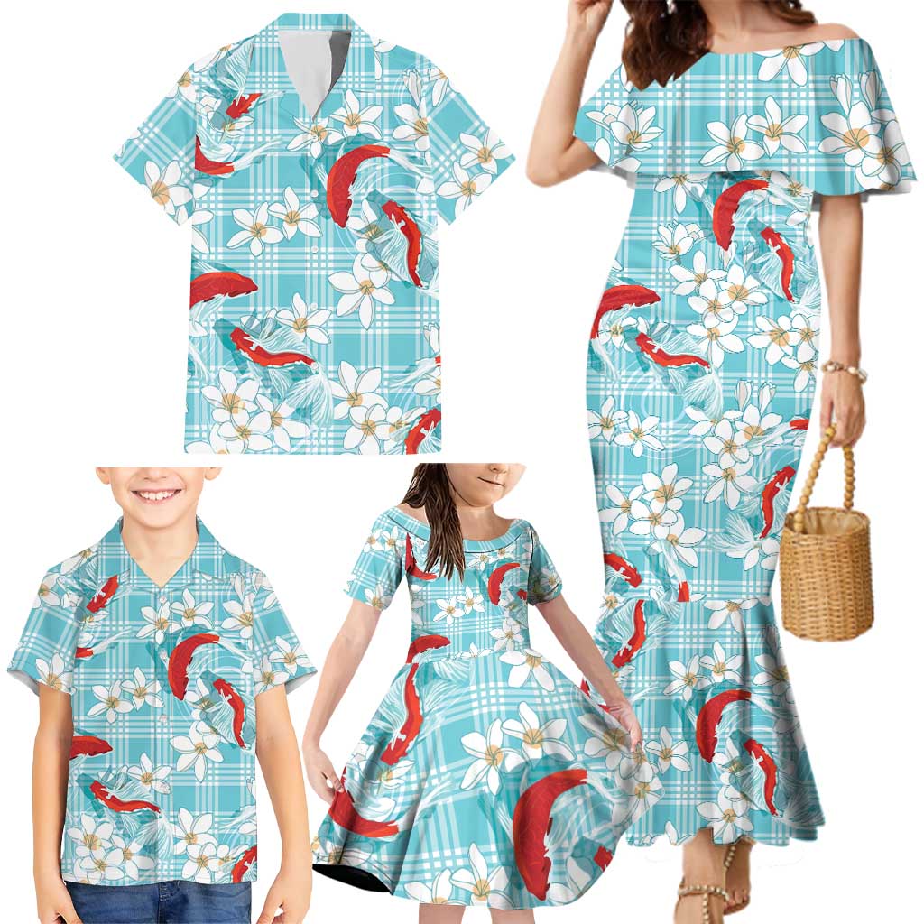 Turquoise Palaka Hawaii Aloha Family Matching Mermaid Dress and Hawaiian Shirt Koi Pond Mix Plumeria - Polynesian Pride