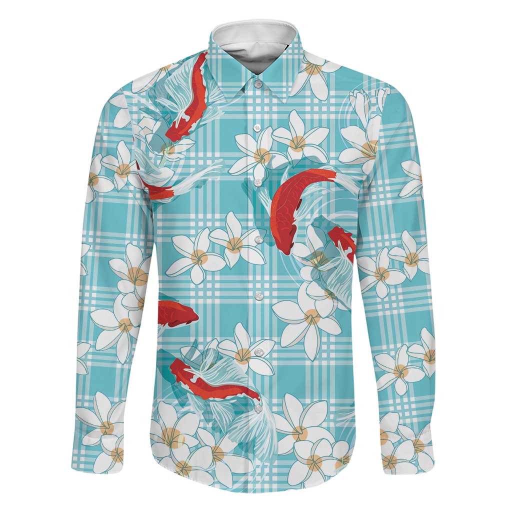 Turquoise Palaka Hawaii Aloha Family Matching Mermaid Dress and Hawaiian Shirt Koi Pond Mix Plumeria LT7 Dad's Shirt - Long Sleeve Turquoise - Polynesian Pride