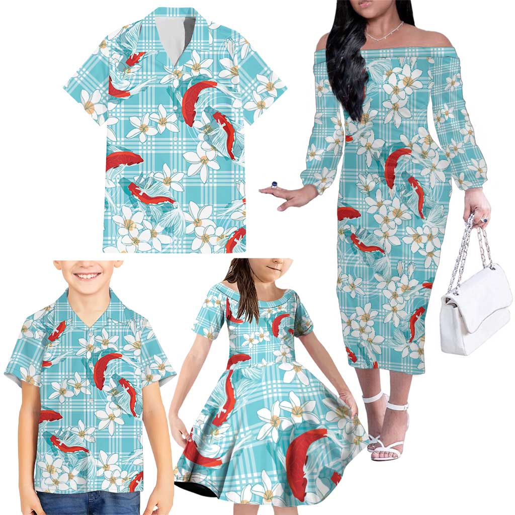 Turquoise Palaka Hawaii Aloha Family Matching Off The Shoulder Long Sleeve Dress and Hawaiian Shirt Koi Pond Mix Plumeria LT7 - Polynesian Pride