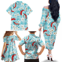 Turquoise Palaka Hawaii Aloha Family Matching Off The Shoulder Long Sleeve Dress and Hawaiian Shirt Koi Pond Mix Plumeria LT7 - Polynesian Pride