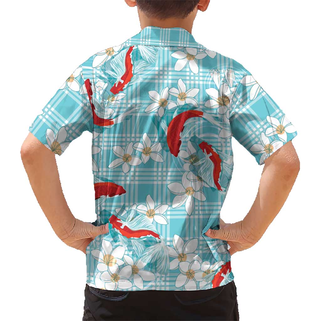 Turquoise Palaka Hawaii Aloha Family Matching Off Shoulder Maxi Dress and Hawaiian Shirt Koi Pond Mix Plumeria LT7 - Polynesian Pride