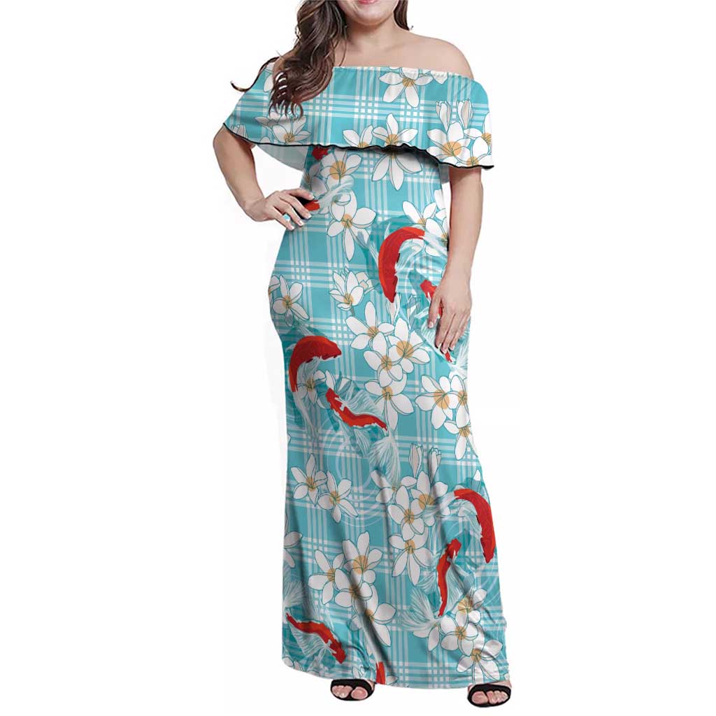 Turquoise Palaka Hawaii Aloha Family Matching Off Shoulder Maxi Dress and Hawaiian Shirt Koi Pond Mix Plumeria LT7 Turquoise - Polynesian Pride