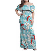 Turquoise Palaka Hawaii Aloha Family Matching Off Shoulder Maxi Dress and Hawaiian Shirt Koi Pond Mix Plumeria LT7 Turquoise - Polynesian Pride