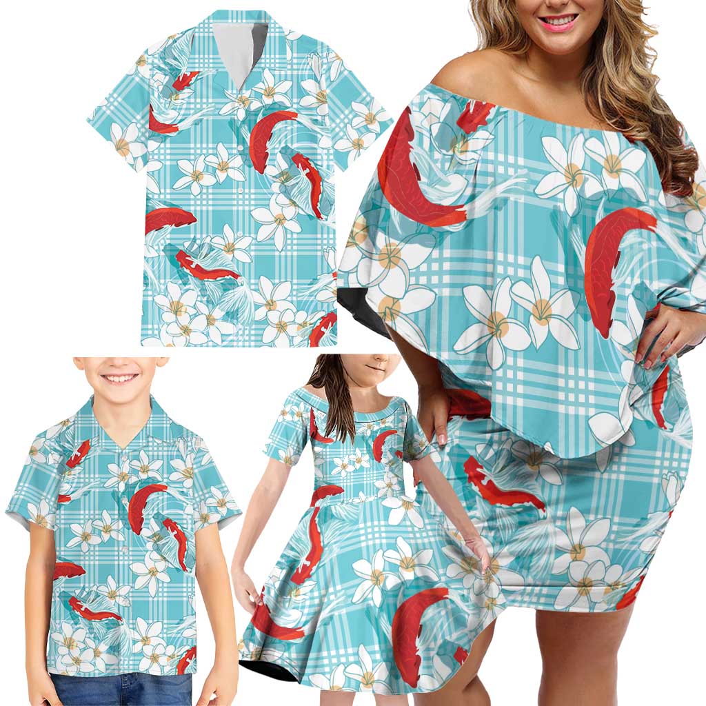 Turquoise Palaka Hawaii Aloha Family Matching Off Shoulder Short Dress and Hawaiian Shirt Koi Pond Mix Plumeria - Polynesian Pride