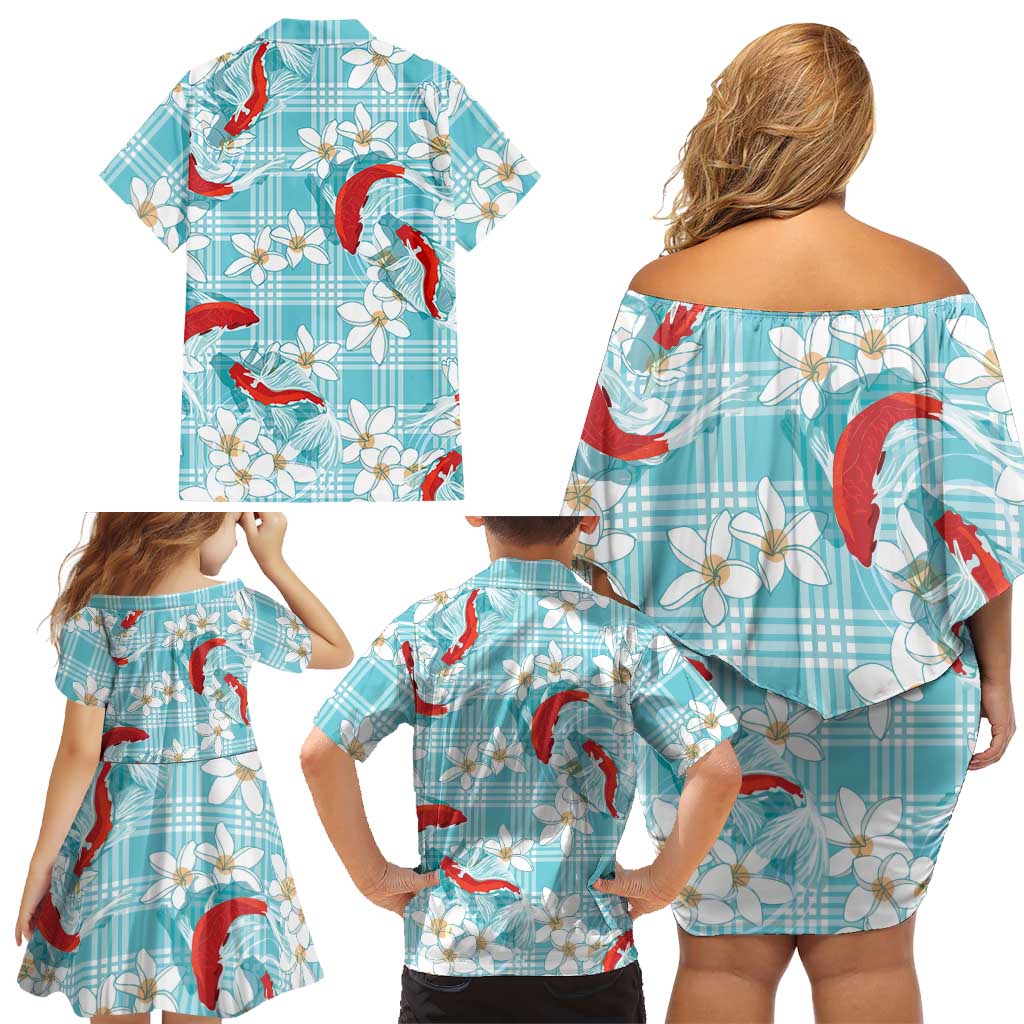 Turquoise Palaka Hawaii Aloha Family Matching Off Shoulder Short Dress and Hawaiian Shirt Koi Pond Mix Plumeria LT7 - Polynesian Pride