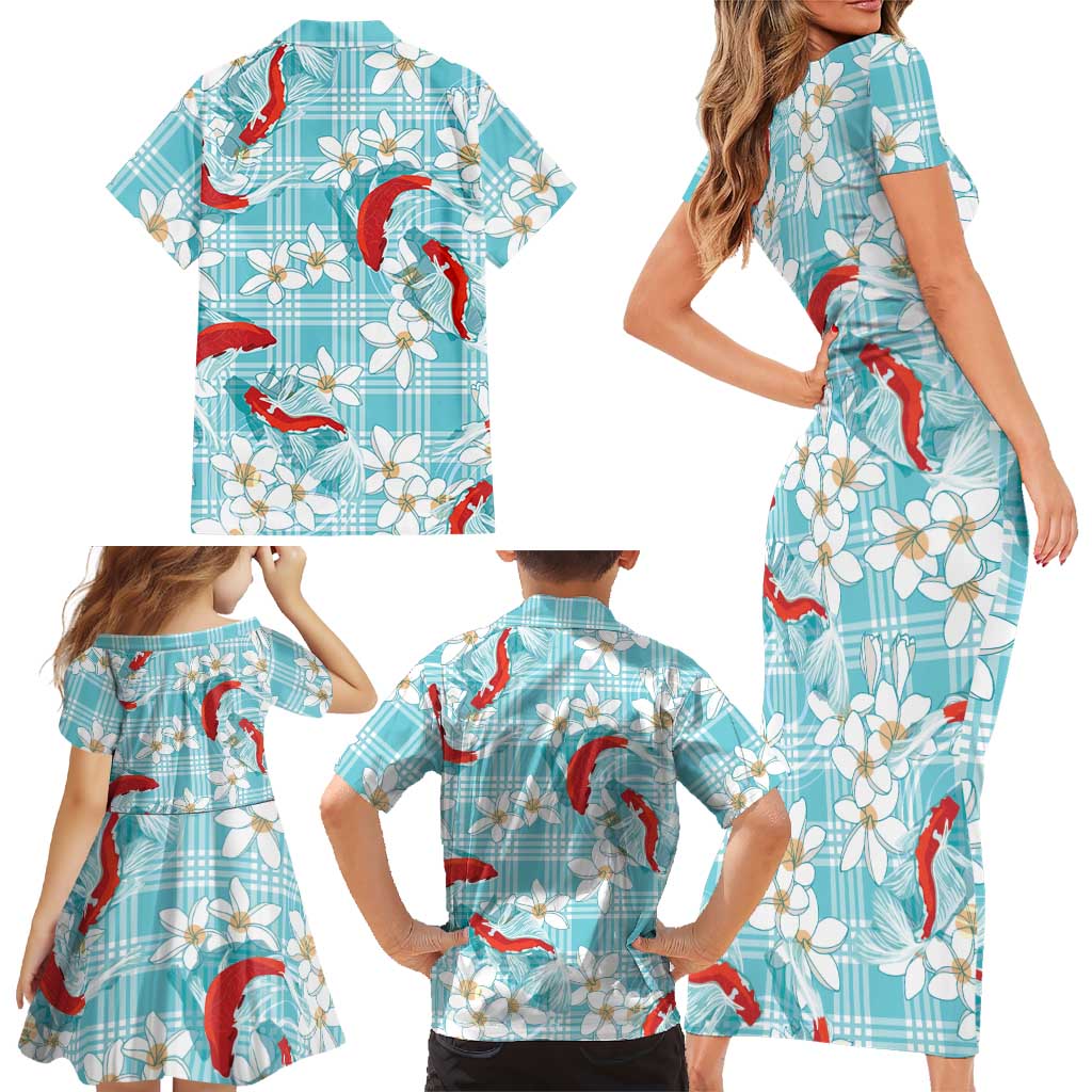 Turquoise Palaka Hawaii Aloha Family Matching Short Sleeve Bodycon Dress and Hawaiian Shirt Koi Pond Mix Plumeria LT7 - Polynesian Pride