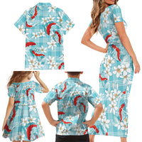 Turquoise Palaka Hawaii Aloha Family Matching Short Sleeve Bodycon Dress and Hawaiian Shirt Koi Pond Mix Plumeria LT7 - Polynesian Pride