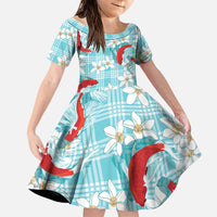 Turquoise Palaka Hawaii Aloha Family Matching Summer Maxi Dress and Hawaiian Shirt Koi Pond Mix Plumeria LT7 Daughter's Dress Turquoise - Polynesian Pride