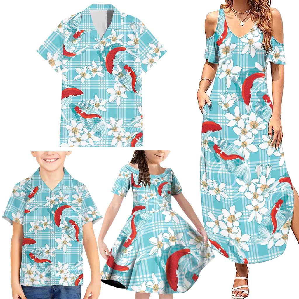 Turquoise Palaka Hawaii Aloha Family Matching Summer Maxi Dress and Hawaiian Shirt Koi Pond Mix Plumeria LT7 - Polynesian Pride