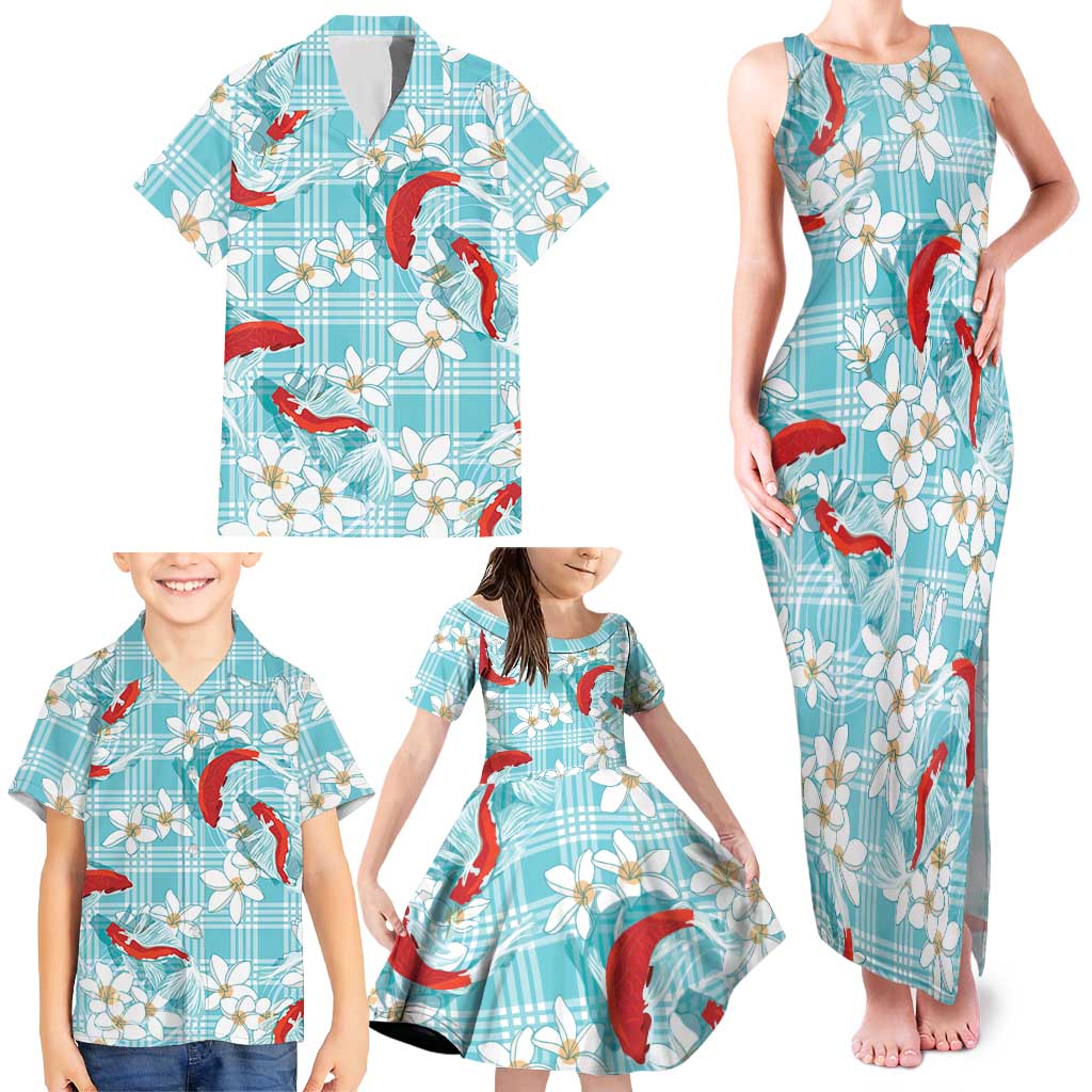 Turquoise Palaka Hawaii Aloha Family Matching Tank Maxi Dress and Hawaiian Shirt Koi Pond Mix Plumeria LT7 - Polynesian Pride
