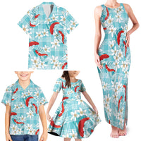 Turquoise Palaka Hawaii Aloha Family Matching Tank Maxi Dress and Hawaiian Shirt Koi Pond Mix Plumeria LT7 - Polynesian Pride