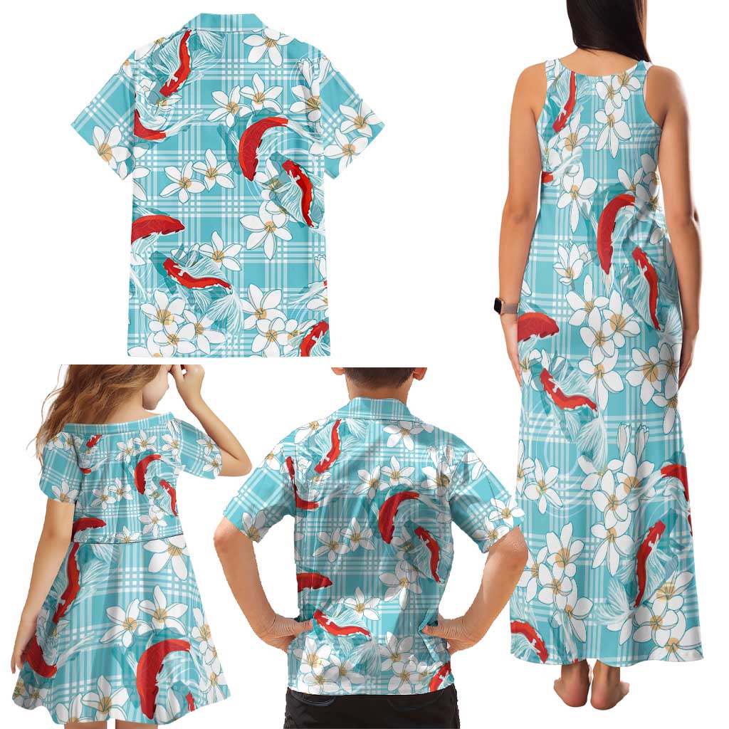 Turquoise Palaka Hawaii Aloha Family Matching Tank Maxi Dress and Hawaiian Shirt Koi Pond Mix Plumeria LT7 - Polynesian Pride