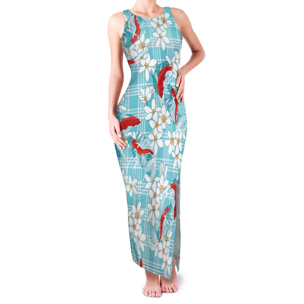 Turquoise Palaka Hawaii Aloha Family Matching Tank Maxi Dress and Hawaiian Shirt Koi Pond Mix Plumeria LT7 Turquoise - Polynesian Pride