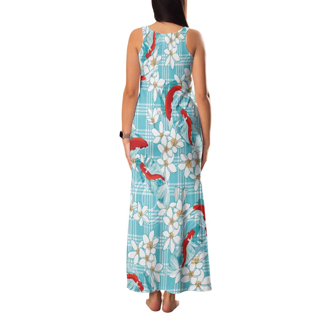 Turquoise Palaka Hawaii Aloha Family Matching Tank Maxi Dress and Hawaiian Shirt Koi Pond Mix Plumeria LT7 - Polynesian Pride