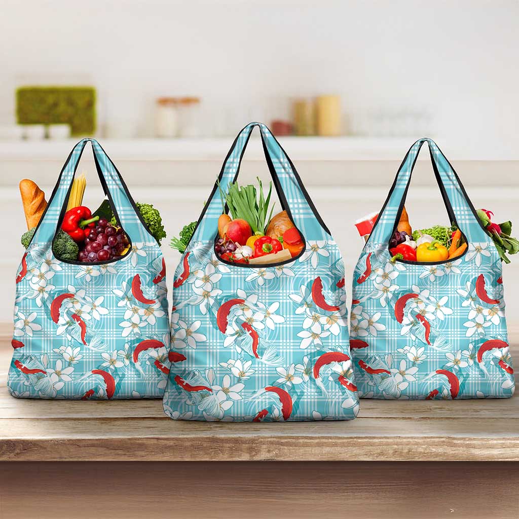 Turquoise Palaka Hawaii Aloha Grocery Bag Koi Pond Mix Plumeria - Polynesian Pride