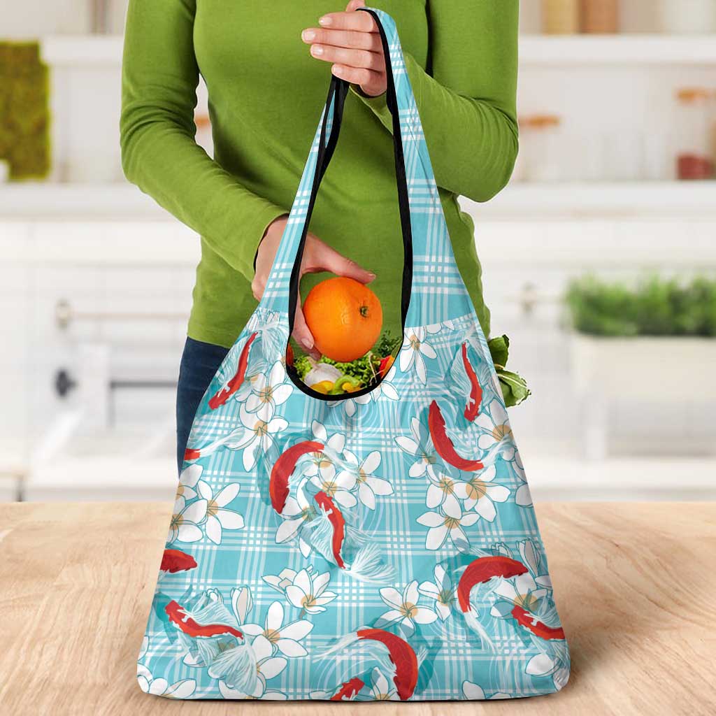 Turquoise Palaka Hawaii Aloha Grocery Bag Koi Pond Mix Plumeria - Polynesian Pride