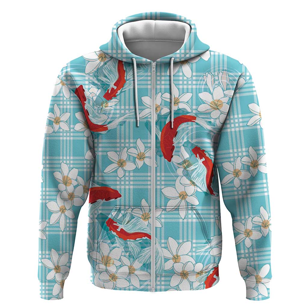 Turquoise Palaka Hawaii Aloha Hoodie Koi Pond Mix Plumeria - Polynesian Pride