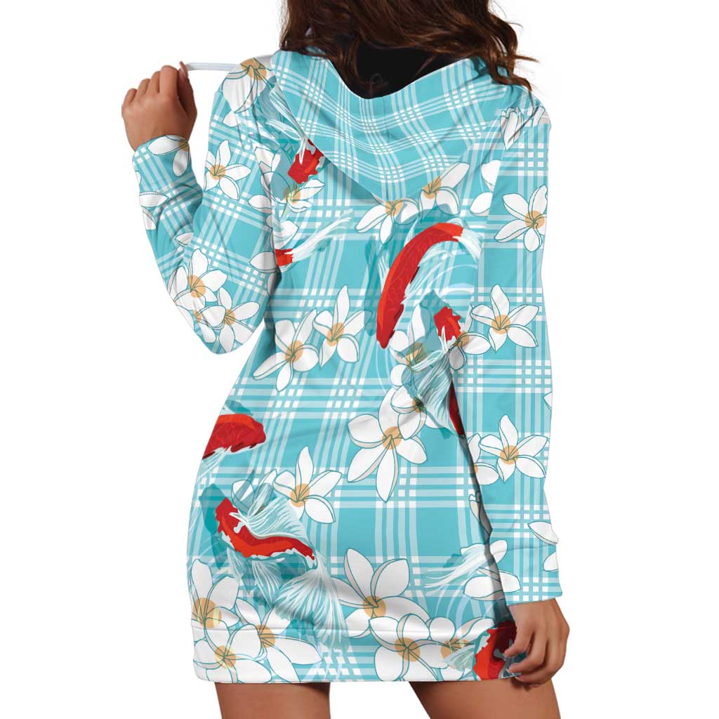 Turquoise Palaka Hawaii Aloha Hoodie Dress Koi Pond Mix Plumeria LT7 - Polynesian Pride