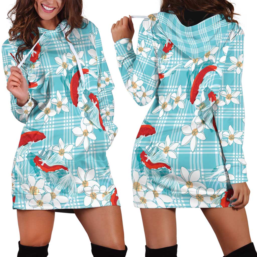 Turquoise Palaka Hawaii Aloha Hoodie Dress Koi Pond Mix Plumeria LT7 - Polynesian Pride