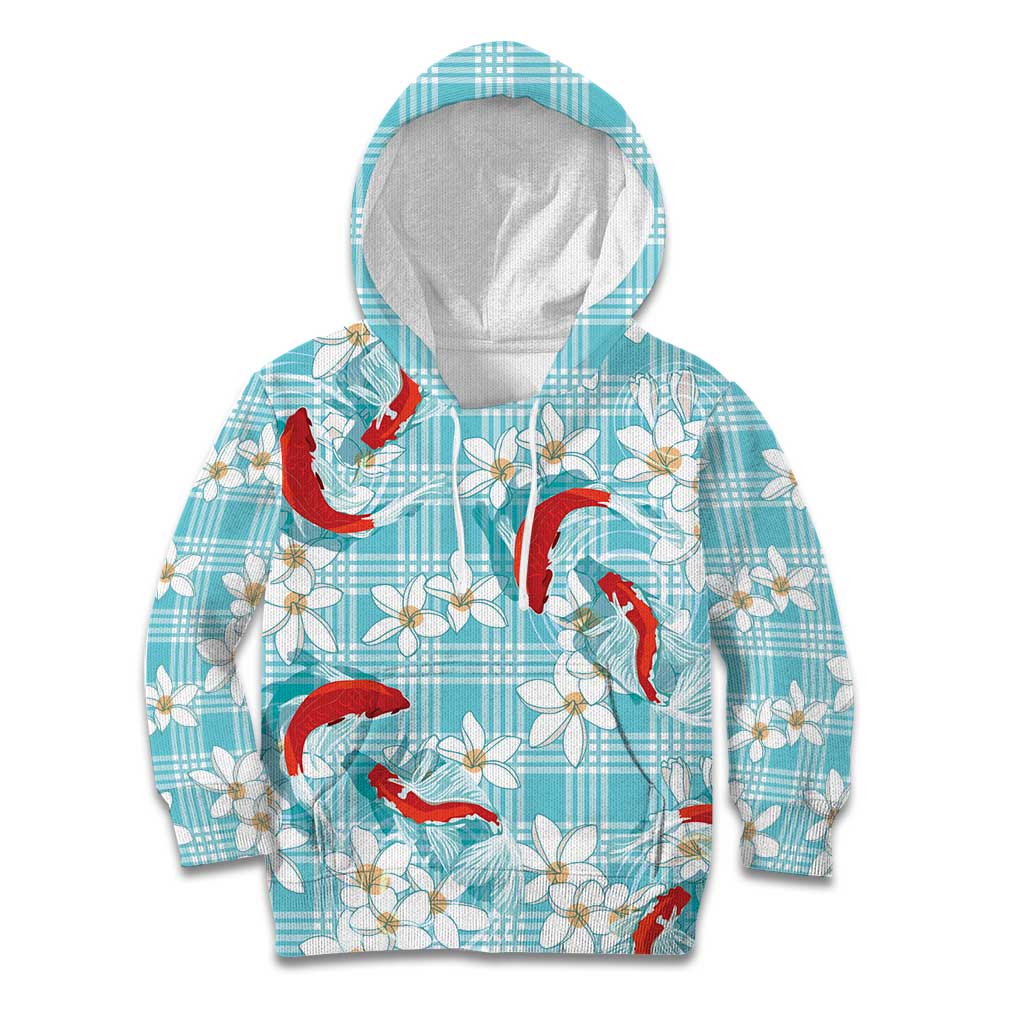 Turquoise Palaka Hawaii Aloha Kid Hoodie Koi Pond Mix Plumeria - Polynesian Pride