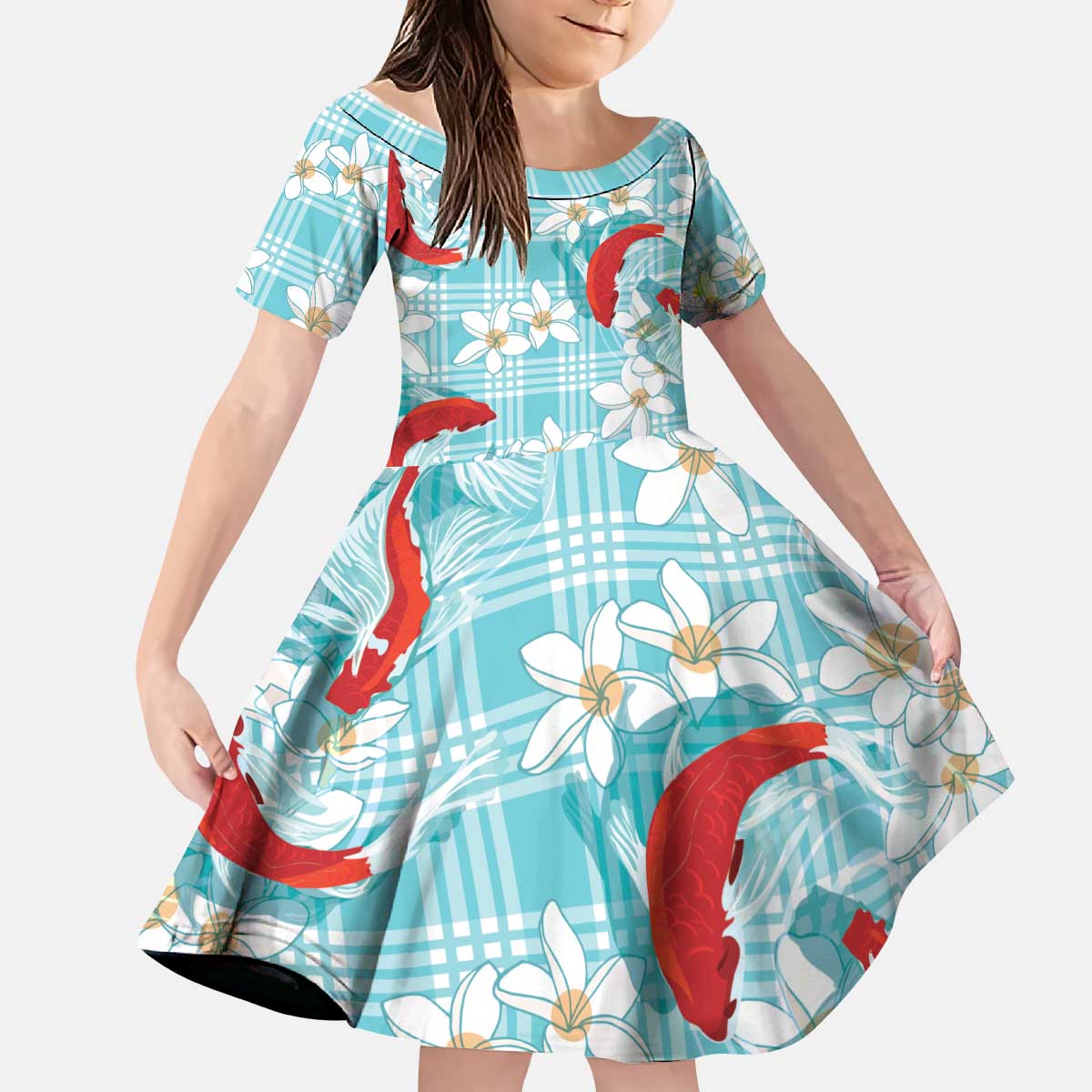 Turquoise Palaka Hawaii Aloha Kid Short Sleeve Dress Koi Pond Mix Plumeria - Polynesian Pride
