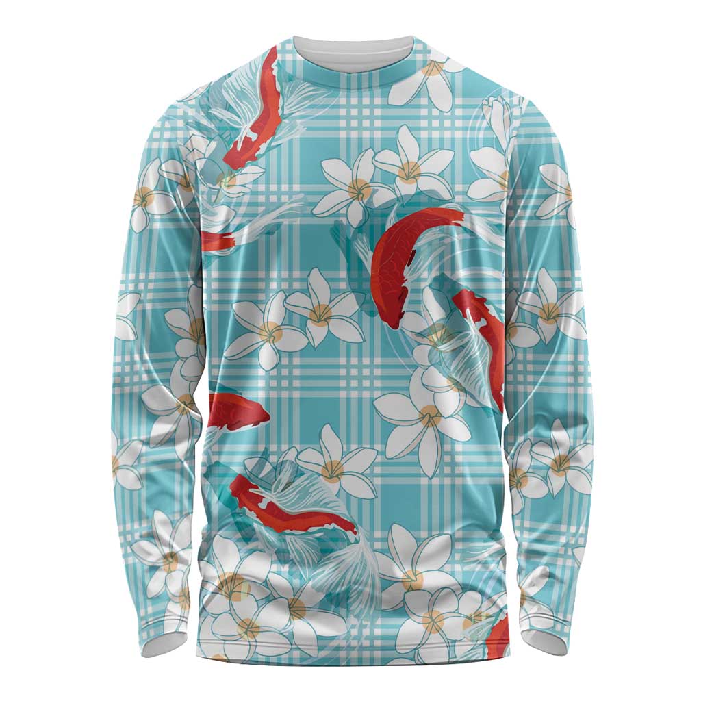 Turquoise Palaka Hawaii Aloha Long Sleeve Shirt Koi Pond Mix Plumeria LT7 Unisex Turquoise - Polynesian Pride