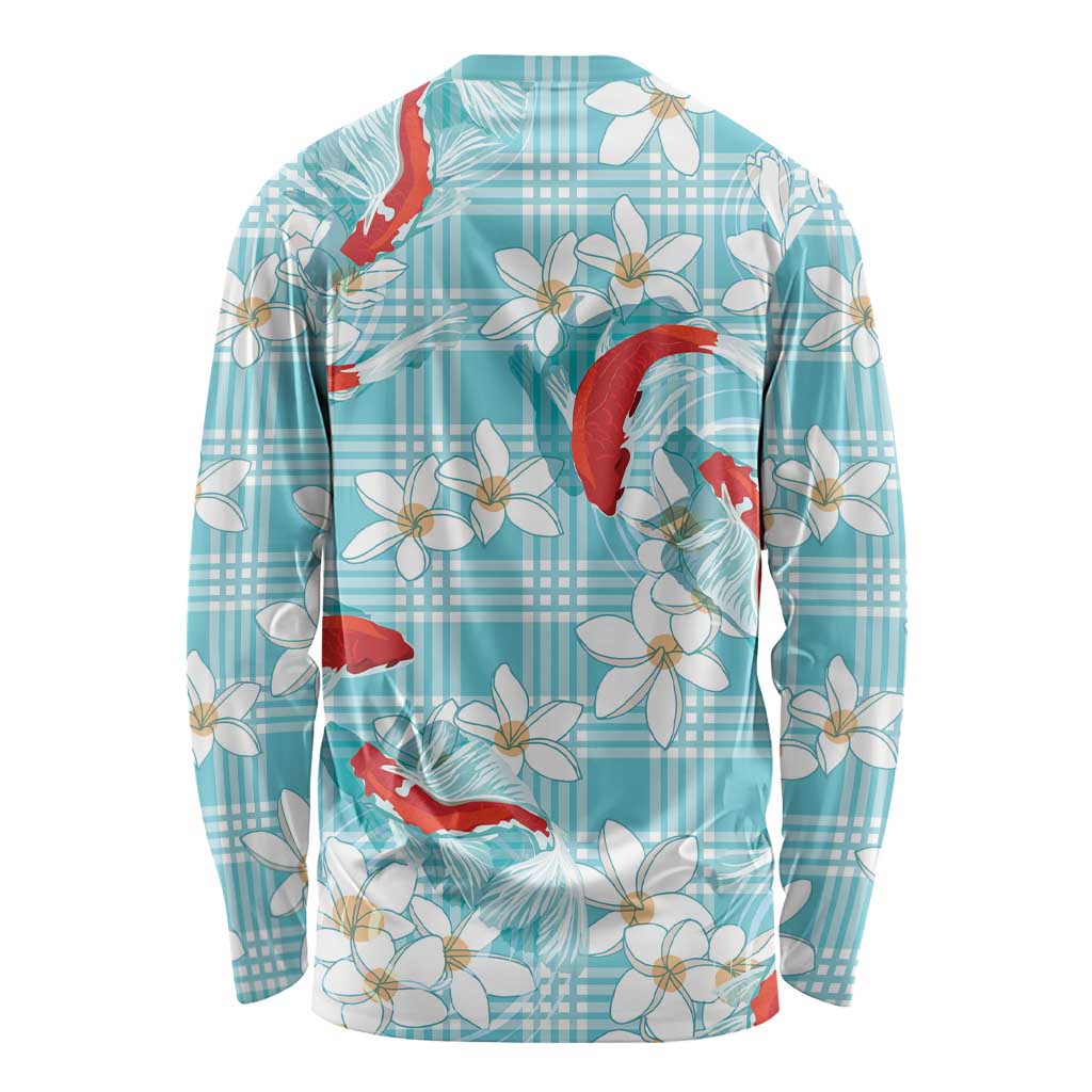 Turquoise Palaka Hawaii Aloha Long Sleeve Shirt Koi Pond Mix Plumeria LT7 - Polynesian Pride