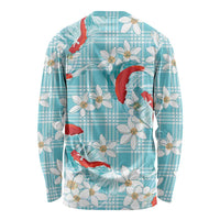 Turquoise Palaka Hawaii Aloha Long Sleeve Shirt Koi Pond Mix Plumeria LT7 - Polynesian Pride