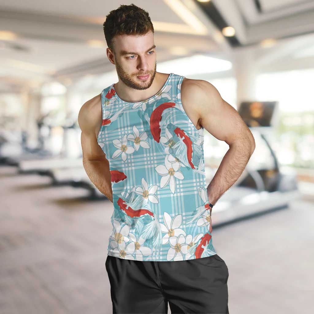 Turquoise Palaka Hawaii Aloha Men Tank Top Koi Pond Mix Plumeria LT7 Turquoise - Polynesian Pride