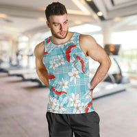 Turquoise Palaka Hawaii Aloha Men Tank Top Koi Pond Mix Plumeria LT7 Turquoise - Polynesian Pride
