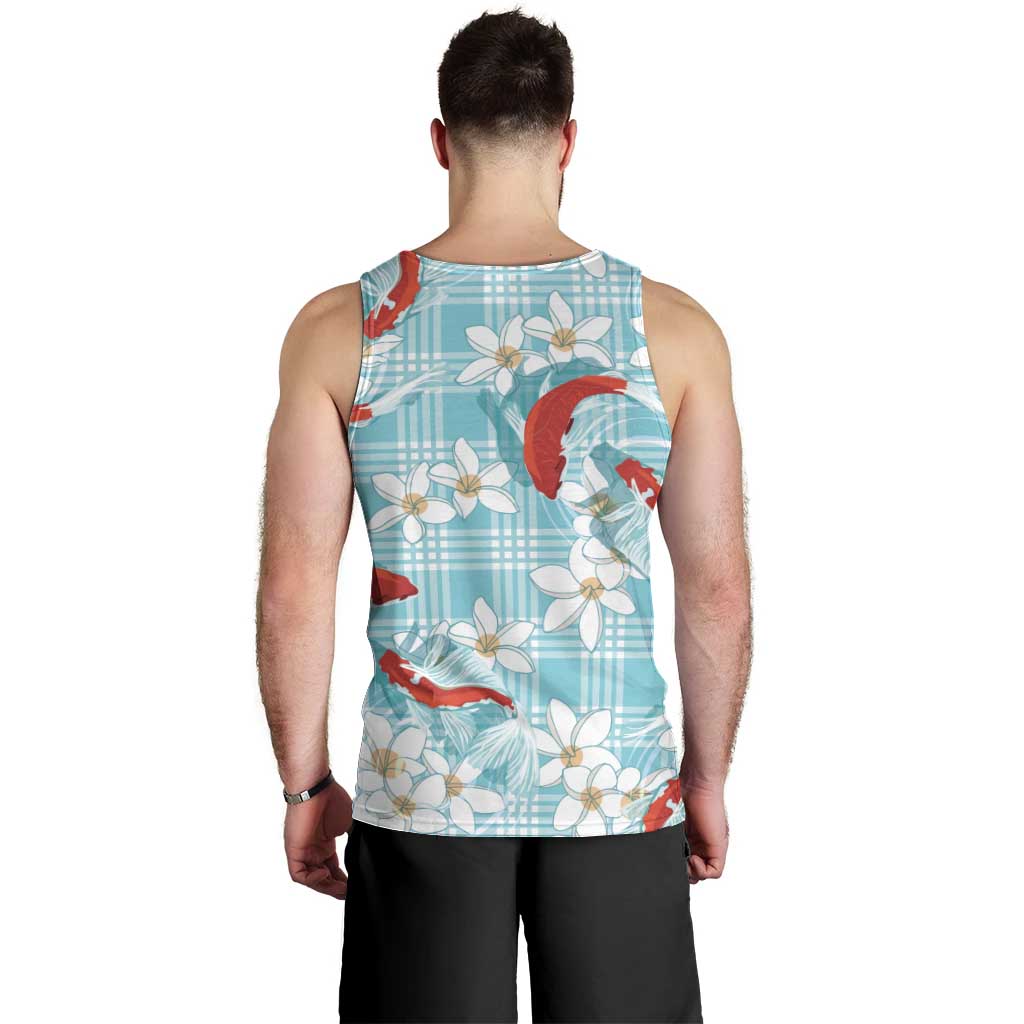 Turquoise Palaka Hawaii Aloha Men Tank Top Koi Pond Mix Plumeria LT7 - Polynesian Pride