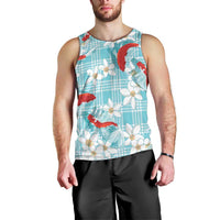 Turquoise Palaka Hawaii Aloha Men Tank Top Koi Pond Mix Plumeria LT7 - Polynesian Pride