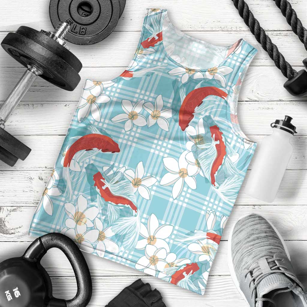 Turquoise Palaka Hawaii Aloha Men Tank Top Koi Pond Mix Plumeria LT7 - Polynesian Pride