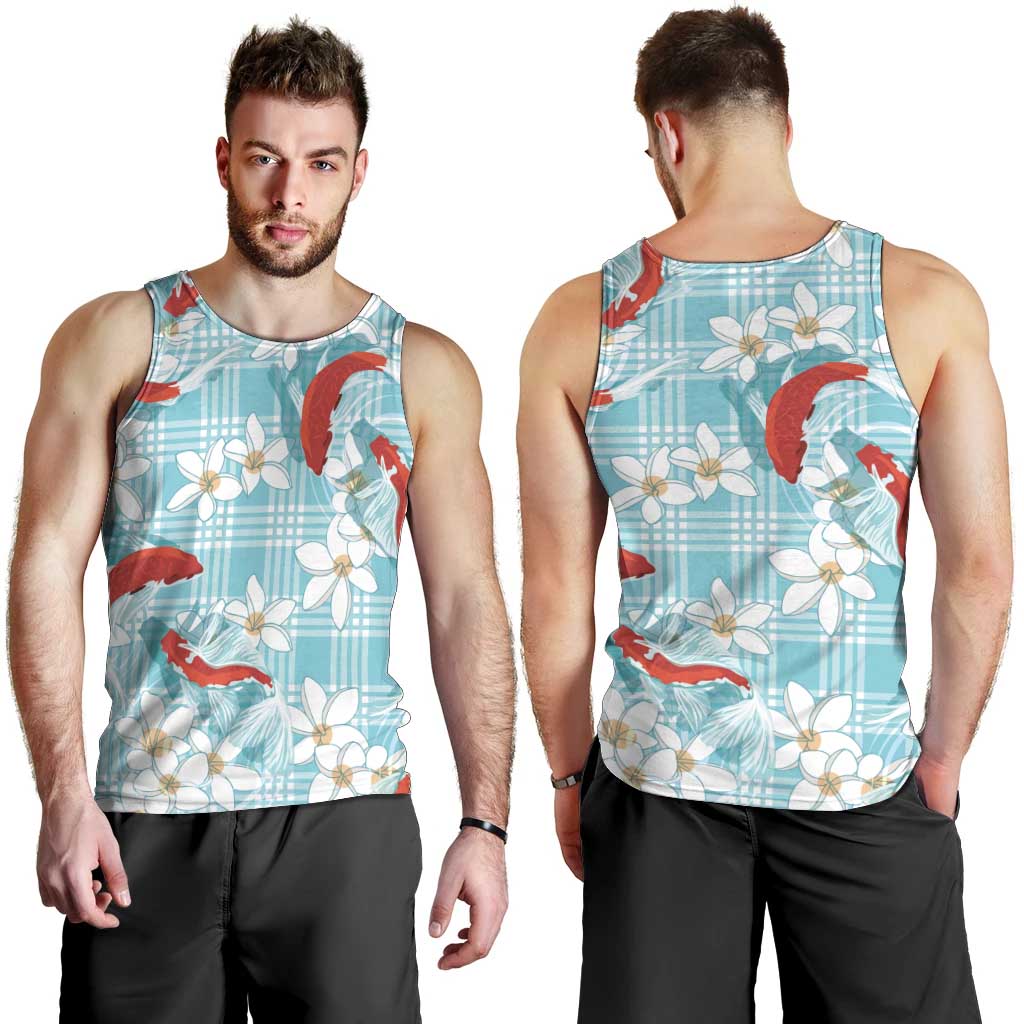 Turquoise Palaka Hawaii Aloha Men Tank Top Koi Pond Mix Plumeria LT7 - Polynesian Pride