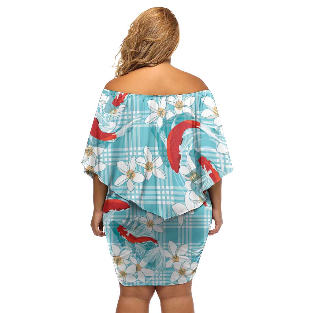 Turquoise Palaka Hawaii Aloha Off Shoulder Short Dress Koi Pond Mix Plumeria LT7 - Polynesian Pride
