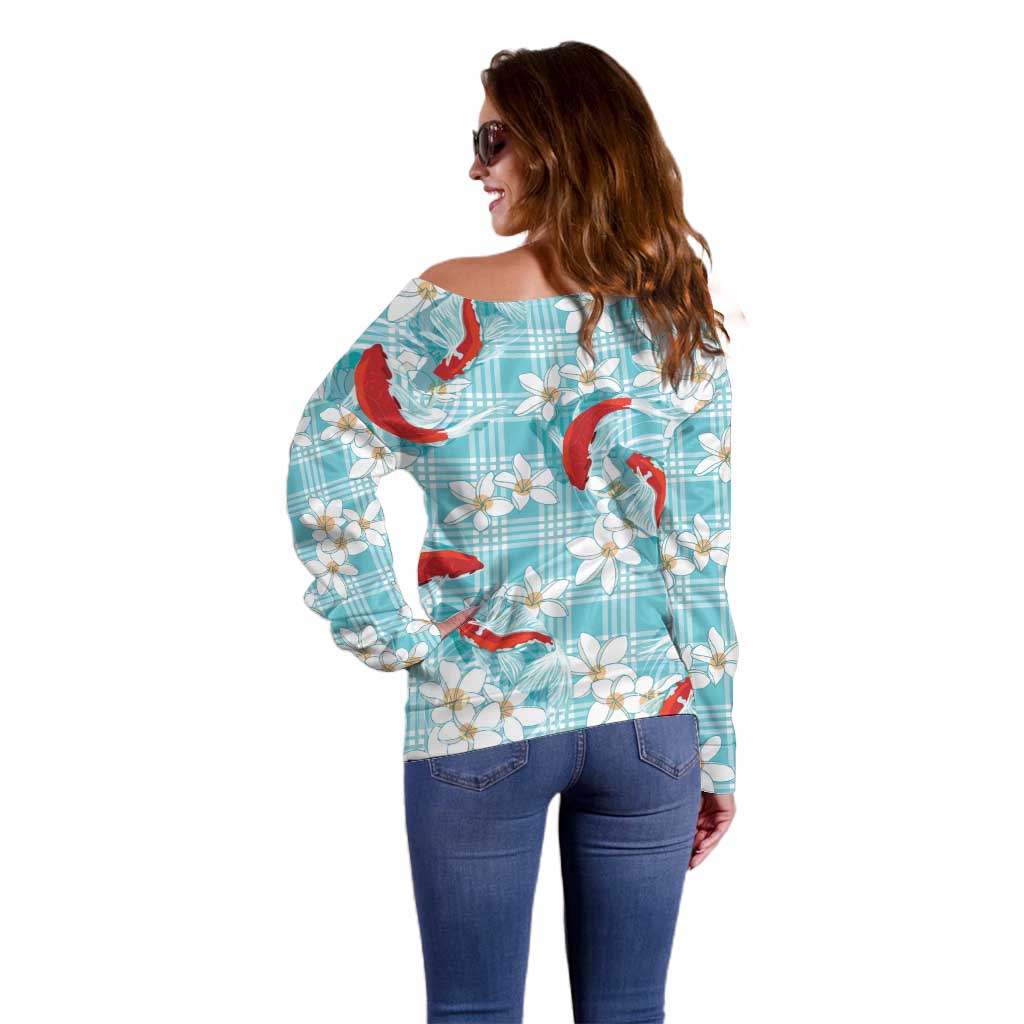 Turquoise Palaka Hawaii Aloha Off Shoulder Sweater Koi Pond Mix Plumeria - Polynesian Pride