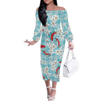 Turquoise Palaka Hawaii Aloha Off The Shoulder Long Sleeve Dress Koi Pond Mix Plumeria LT7 Women Turquoise - Polynesian Pride